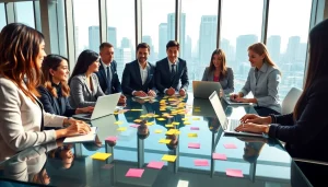 Business team brainstorming in a modern office, inspiring collaboration and innovation.