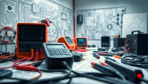 Showcase of das 142 electrical engineering components arranged on a professional workbench.