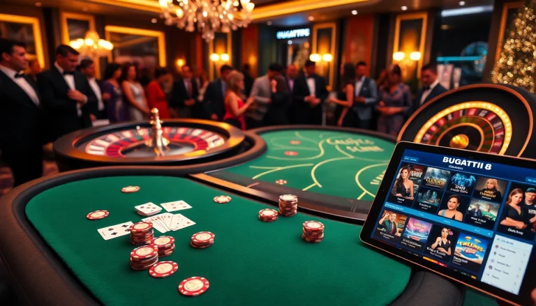 Players enjoying high-stakes poker at a Bugatti8-themed casino table, featuring premium poker chips and a roulette wheel.
