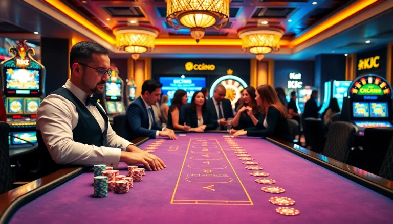 KJC players engaging at a vibrant casino table with poker chips and dynamic slot machines.