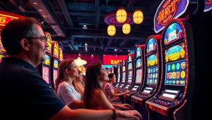 Slot depo 1k pada permainan slot dengan grafis menarik dan suasana kasino yang ceria.