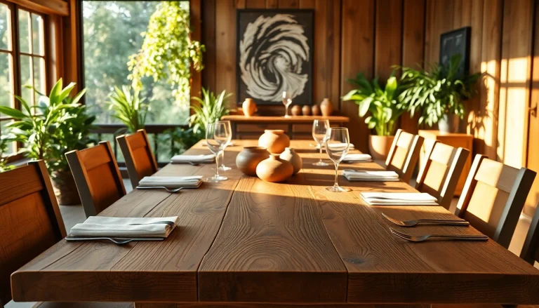 Admiring a solid wood table with elegant dining settings enhancing a cozy ambiance.