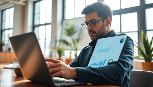 Analyze SEO performance data with a focused expert in a bright office setting.