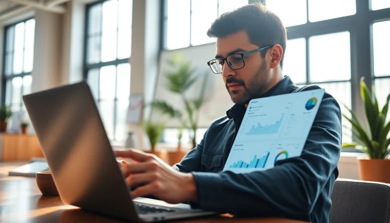 Analyze SEO performance data with a focused expert in a bright office setting.