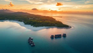 Stunning sunset view of luxury travel destinations with beaches and villas.