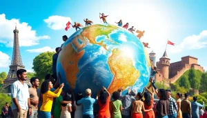 Showcasing a diverse group celebrating worldwide unity around a globe.