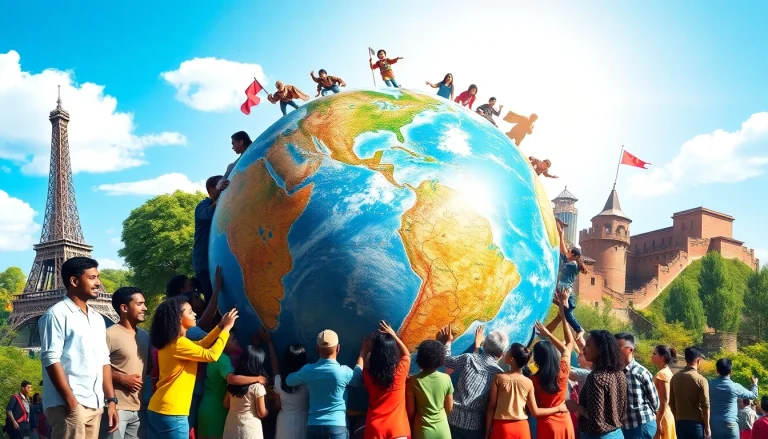 Showcasing a diverse group celebrating worldwide unity around a globe.