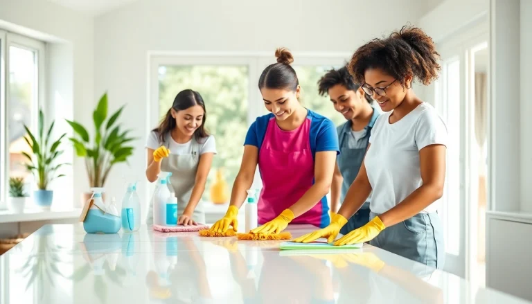 Efficient team providing cleaning service in a modern home, showcasing eco-friendly products and bright atmosphere.