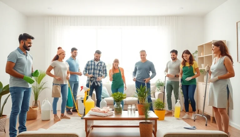 Cleaning service team delivering expert home cleaning in a bright, modern setting, showcasing eco-friendly practices.