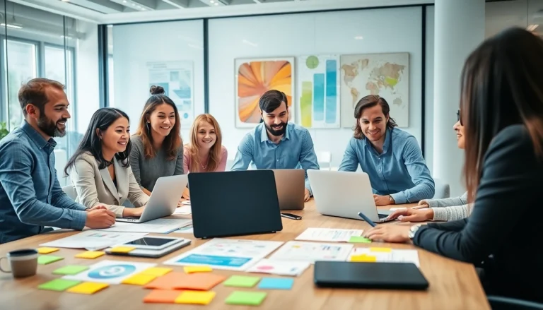 Agency project collaboration in a vibrant workspace highlighting teamwork and creativity.