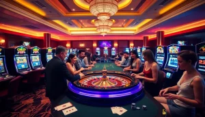 Players enjoy thrilling games at a luxurious casino featuring obraltoto slots, roulette, and vibrant poker tables.