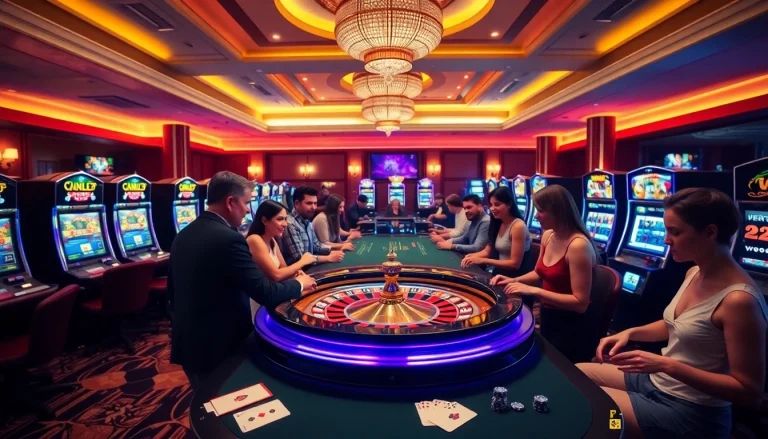 Players enjoy thrilling games at a luxurious casino featuring obraltoto slots, roulette, and vibrant poker tables.