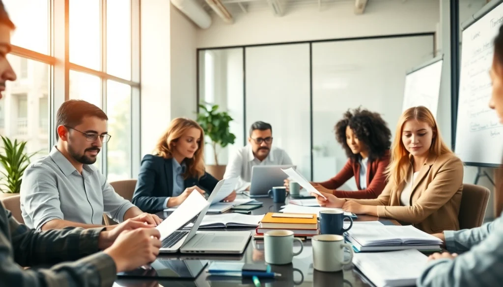 Professional translators engaged in certified translation (traducción jurada) in a collaborative office setting.