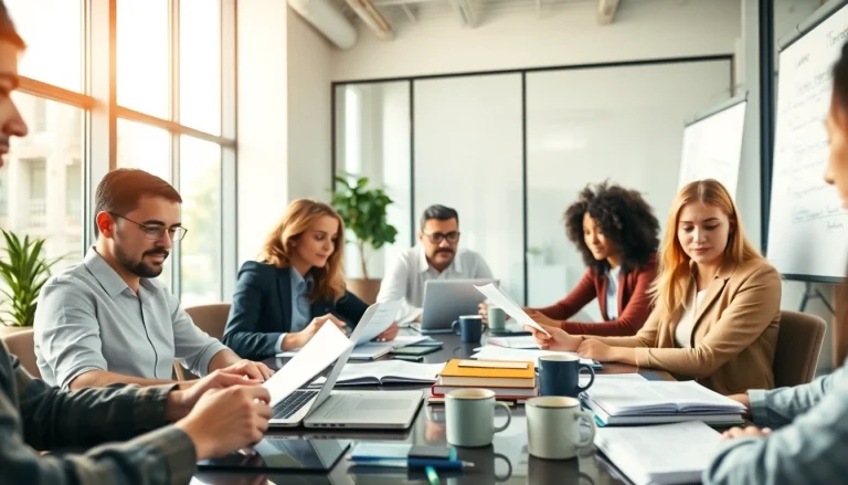 Professional translators engaged in certified translation (traducción jurada) in a collaborative office setting.