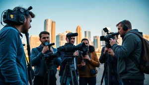 Video Production Company Calgary team capturing dynamic footage in urban Calgary setting.