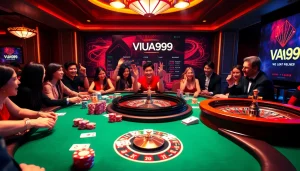 Experience the excitement of VUA99 casino with intense poker action and vibrant gaming elements.