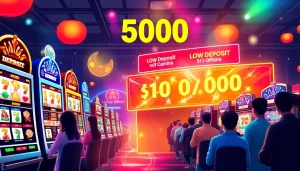 Slot depo 5k menarik dengan mesin slot cerah dan pemain antusias di kasino virtual.