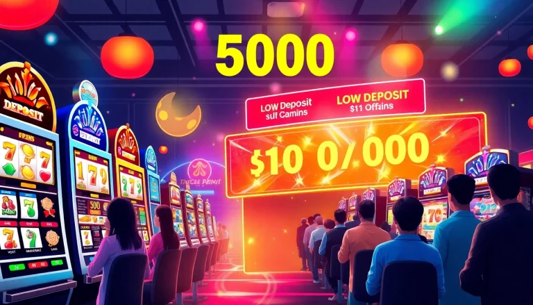 Slot depo 5k menarik dengan mesin slot cerah dan pemain antusias di kasino virtual.