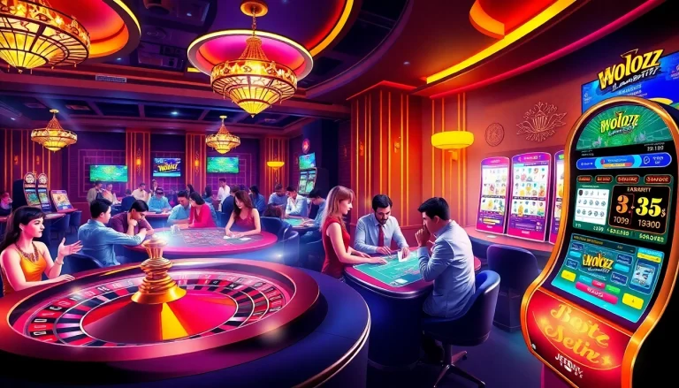 Players winning big at Jeetbuzz in an exciting casino atmosphere with roulette and poker tables.
