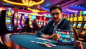 Menghadiri pengalaman slot deposit 1000 yang menyenangkan di kasino modern dengan mesin slot yang menyala.