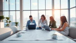 Real Estate agents collaborating over blueprints in a bright office space, fostering teamwork.