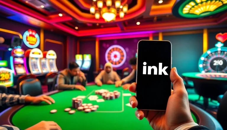 Cảnh chơi poker hấp dẫn với người chơi tận hưởng sự phấn khích của liên kết W88 tại một casino sang trọng.