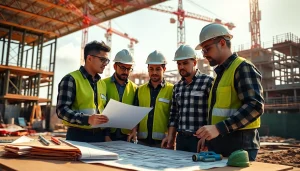 Engaged team working with blueprints at the Texas association of builders project site.