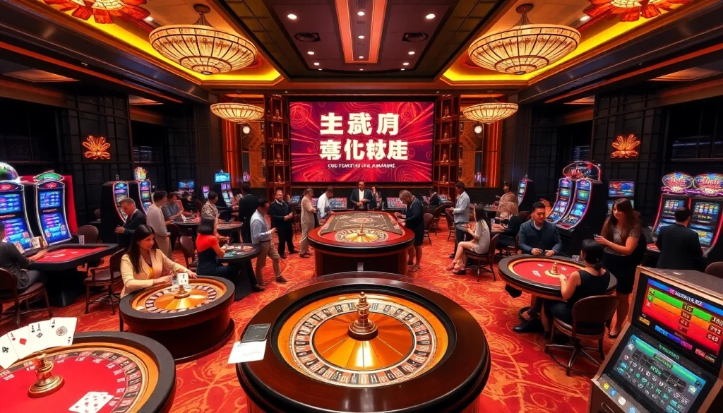 Experience the thrill of gambling with '주소모음' as players engage around vibrant casino tables and slot machines.