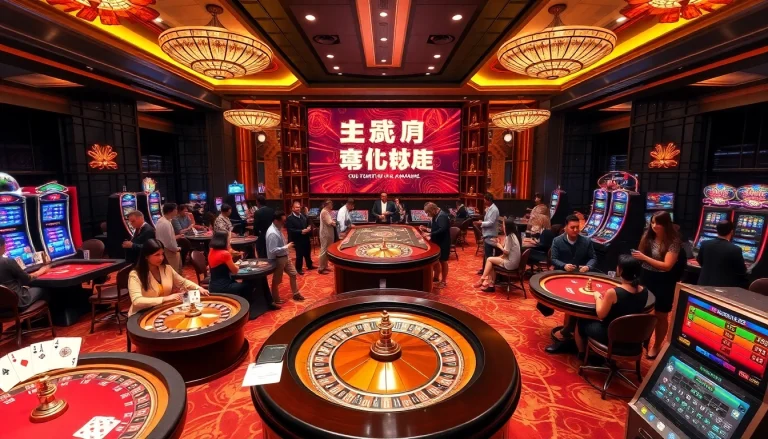 Experience the thrill of gambling with '주소모음' as players engage around vibrant casino tables and slot machines.