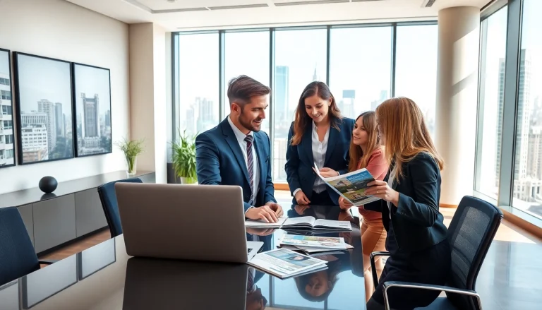 Real Estate agent assisting clients in a modern office, showcasing property listings and professionalism.