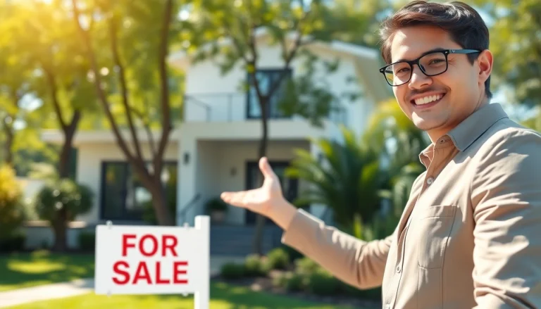 Promoting Real Estate with a happy agent in front of a beautiful home.