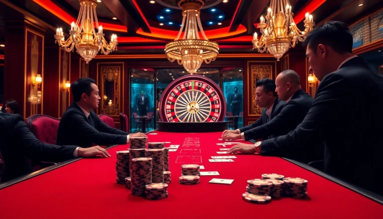 Engaging poker game scene at UU88 casino with vibrant lighting and luxurious decor.
