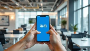 현대적 사무실에서 간편한 소액결제를 보여주는 매력적인 스마트폰 인터페이스.