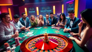 Experience the thrilling atmosphere of online gambling at MM88 with colorful casino tables and eager players.
