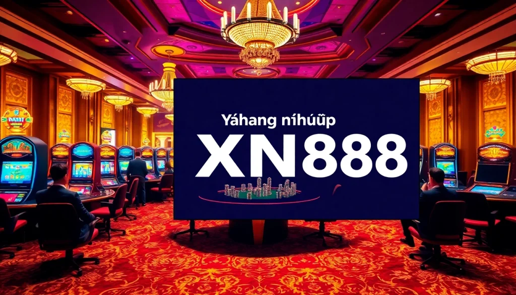 Engage in Đăng Nhập XN88 at a luxurious poker table, with colorful slot machines in the background.