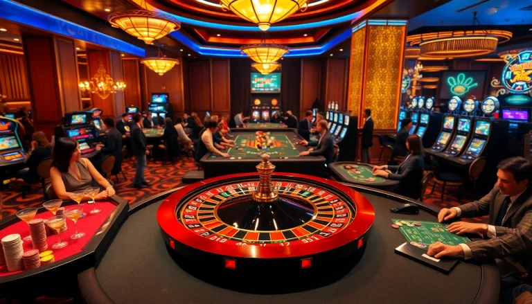 Players engaging in exciting roulette at https://nk88.us.com/ casino, showcasing vibrant chips and a lively atmosphere.