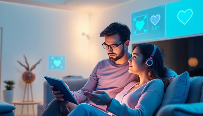 Couple interacting with AI chatbot, showcasing the concept of sex AI in a modern setting.