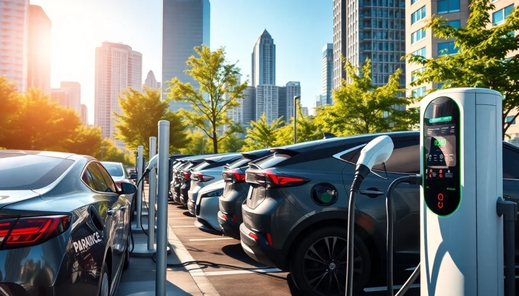 Capturing the latest EV charging news with modern chargers in an urban setting.