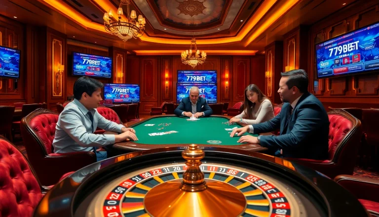 Experience the excitement of gambling with 789BET là gì in a vibrant casino setting featuring poker tables and slot machines.