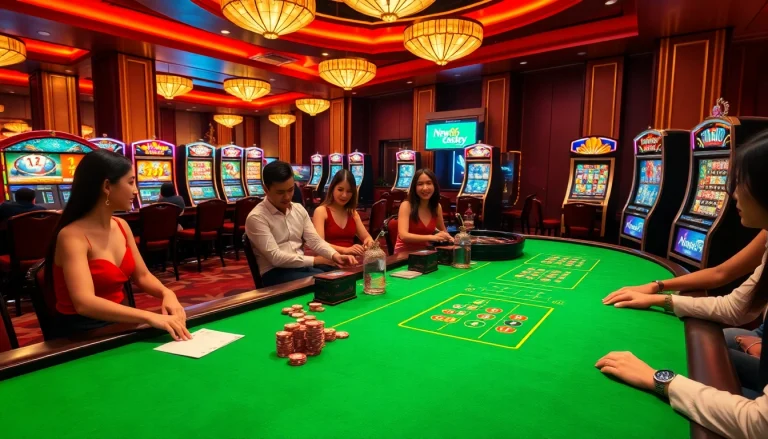 Experience the thrill of NEW88 Trang chủ through an immersive casino scene with vibrant tables and games.
