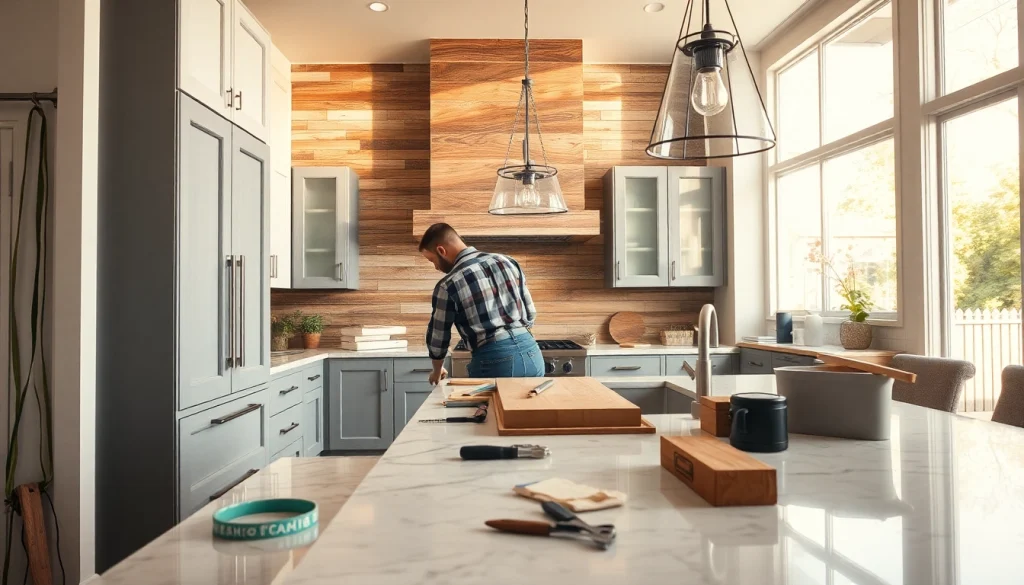 Home renovation featuring a craftsman installing elegant cabinetry in a beautifully illuminated kitchen.