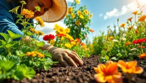 Gardening scene with a gardener planting seeds amidst vibrant flowers and vegetables.