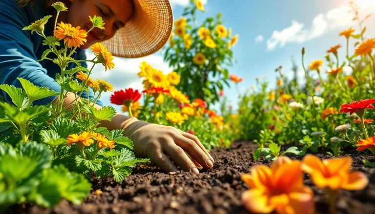 Gardening scene with a gardener planting seeds amidst vibrant flowers and vegetables.