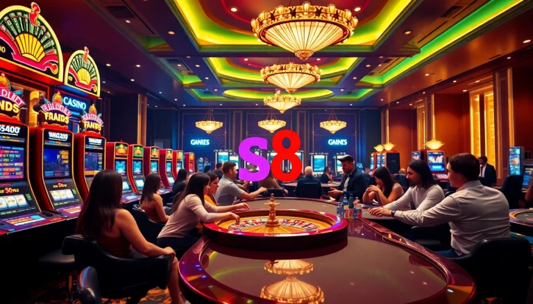 S8 casino players enjoying high-stakes games at luxurious tables in a vibrant atmosphere.