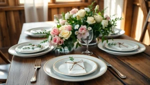 Showcase of fancy eco-friendly plates for weddings set in an elegant table arrangement with floral decor.