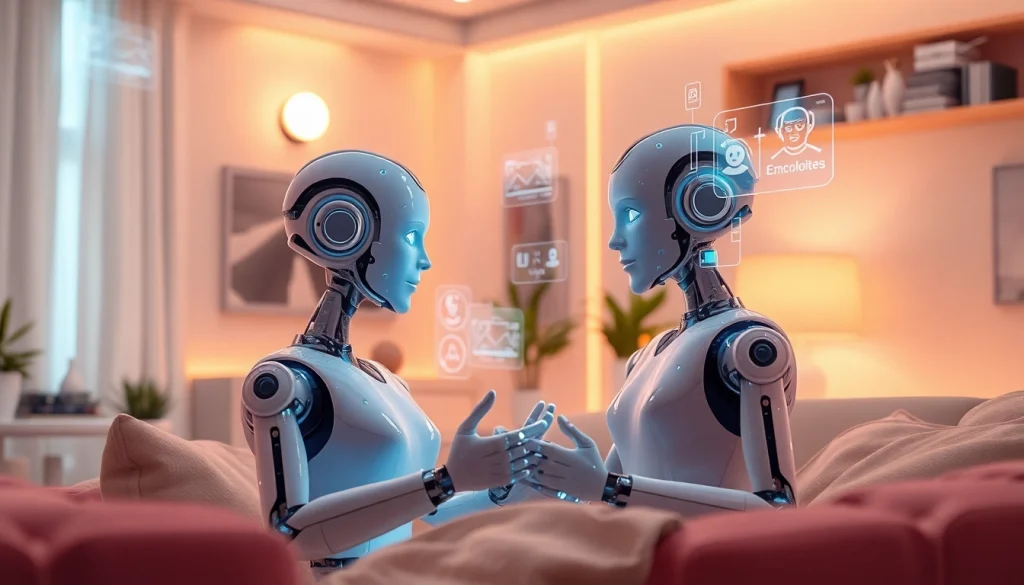 AI sex bot interacting warmly with a user in a cozy, modern setting, showcasing advanced companionship technology.