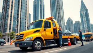 Fast and reliable car recovery service from https://trtrecoveryuae.com on a busy Dubai street.