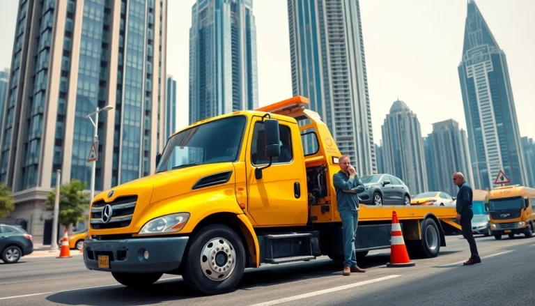 Fast and reliable car recovery service from https://trtrecoveryuae.com on a busy Dubai street.