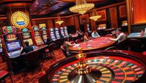 Experience the excitement of RR88 with vibrant casino visuals showcasing poker and roulette games.