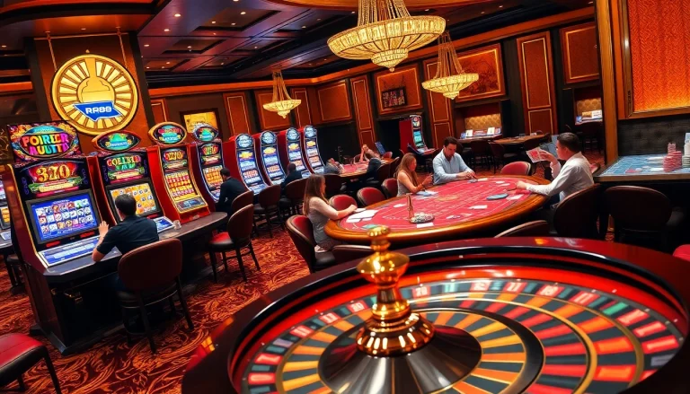 Experience the excitement of RR88 with vibrant casino visuals showcasing poker and roulette games.